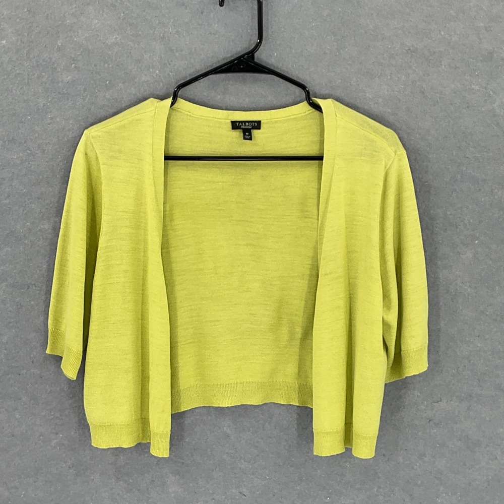 Talbots Cardigan Womens M Silk Chartreuse Green‎ Short Sleeve Knit Lightweight